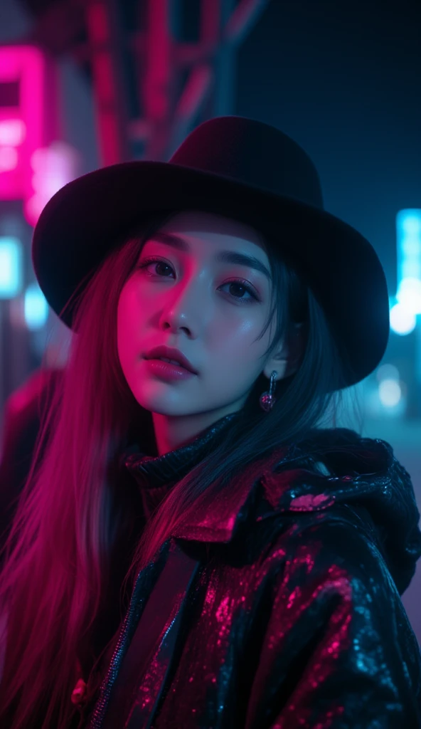 Wearing a black jacket、Alafite woman wearing a black hat, Gemma Chan, blackpink jennie, Chlorine ,  Josie Do Black Pink , Chiho,  she wears streetwear ,  A small black round hat on her head , jisoo do blackpink,  Blackpink's Roseanne Park ,  Brutal Korean ...