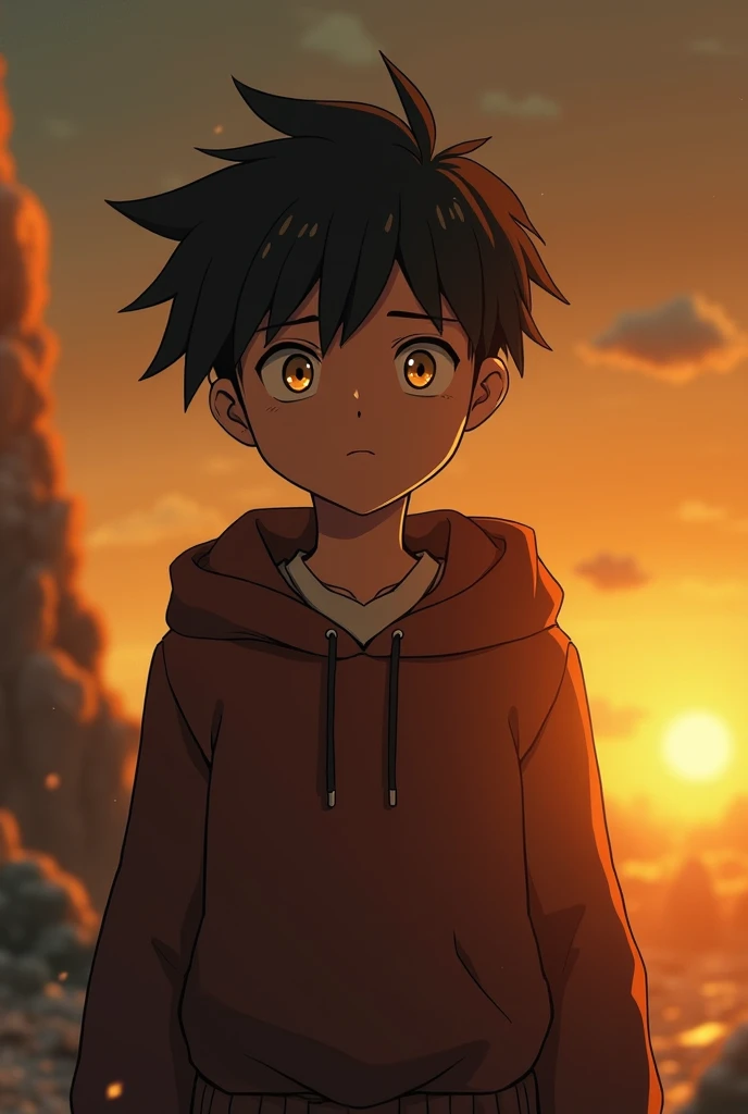 A scene in which the protagonist stands up with determination, the camera gently zooms in on his eyes that now reflect hope and resolution; the background changes from cold to warm tones ( gold and orange ).