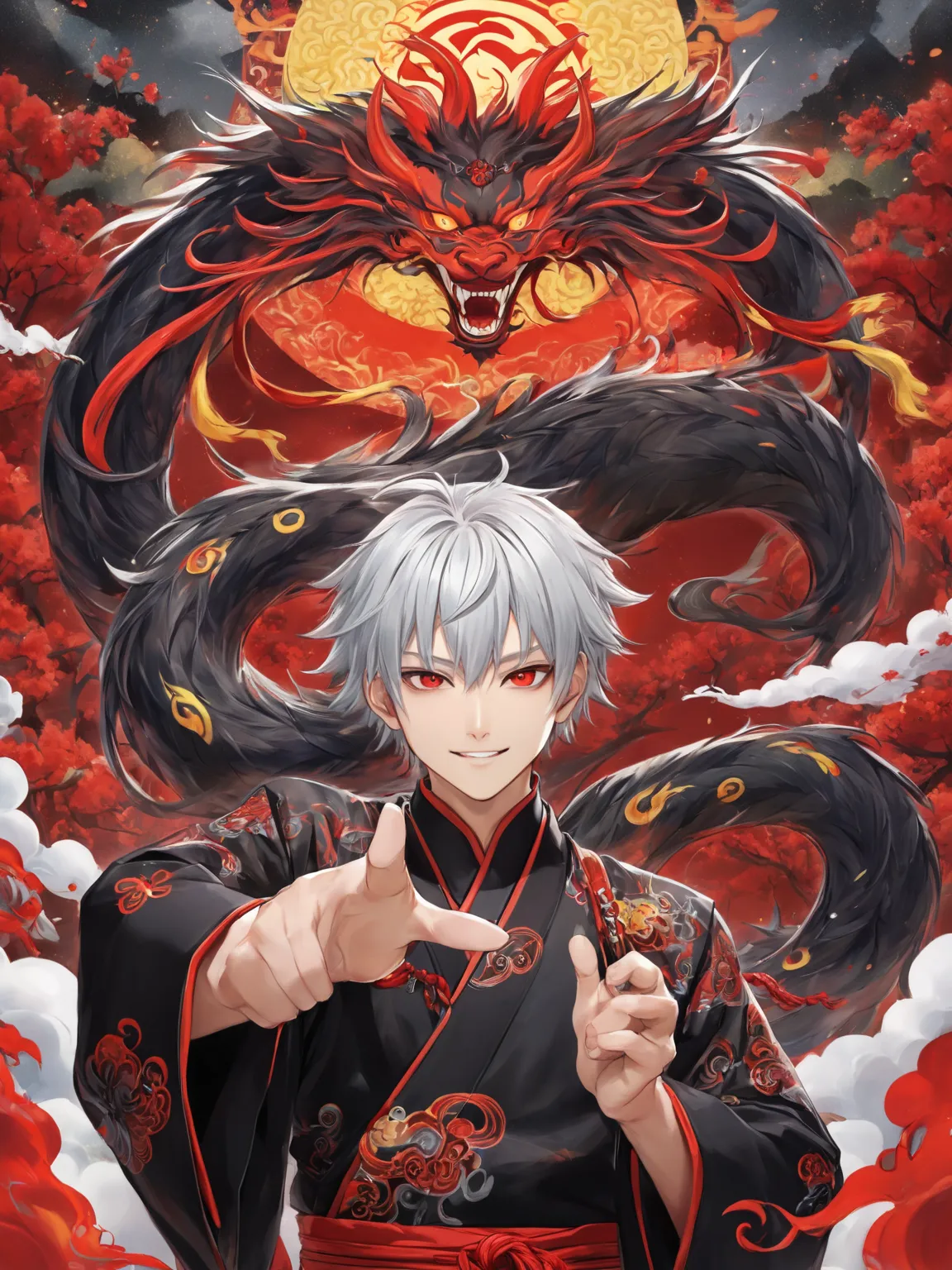 Xiǎo Mó, a , the homunculus son of the demonic alchemist Hēi Yuè, has vibrant blood-red eyes, straight silver hair that reaches to his shoulders, and his skin is pale and smooth. He wears a traditional black Chinese robe with colorful ornaments and engravi...