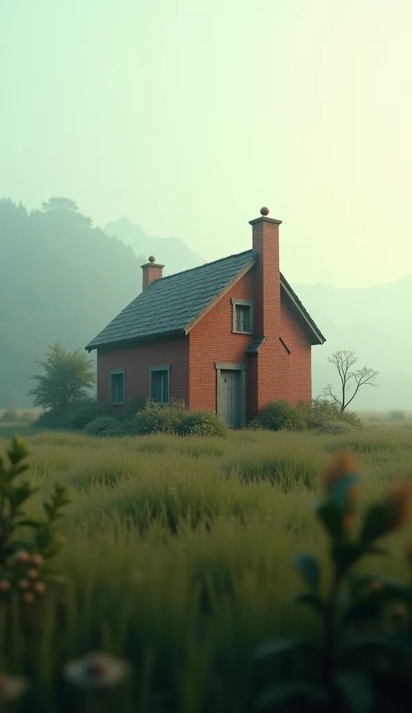 A humble house made of bricks in the blurry field.
