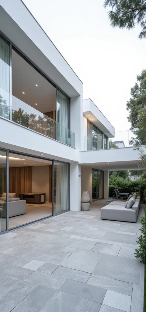 Modern minimalist villa with large windows, white walls, and light gray tiles. A courtyard entrance leads to a sofa in the yard, surrounded by trees. The light color scheme and high-definition photography style create a clean and simple aesthetic. Floor-to...