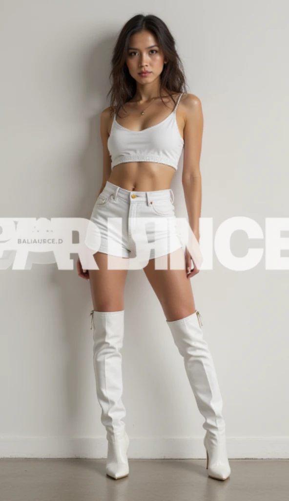 an asian woman model in a sleek, modern, and athletic-inspired outfit. She wears a white sports bra and high-waisted shorts with the "PROJECTWAVE" branding, giving a minimalistic yet stylish aesthetic. The fitted design highlights her toned physique, while...