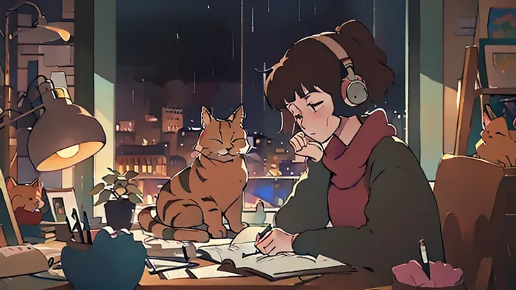 A young cartoonish woman with loose hair and a serene expression sits at her wooden desk, immersed in her studies. She holds a pen delicately between her fingers as she writes in an open notebook, where she jots down her ideas under the soft light of a sma...