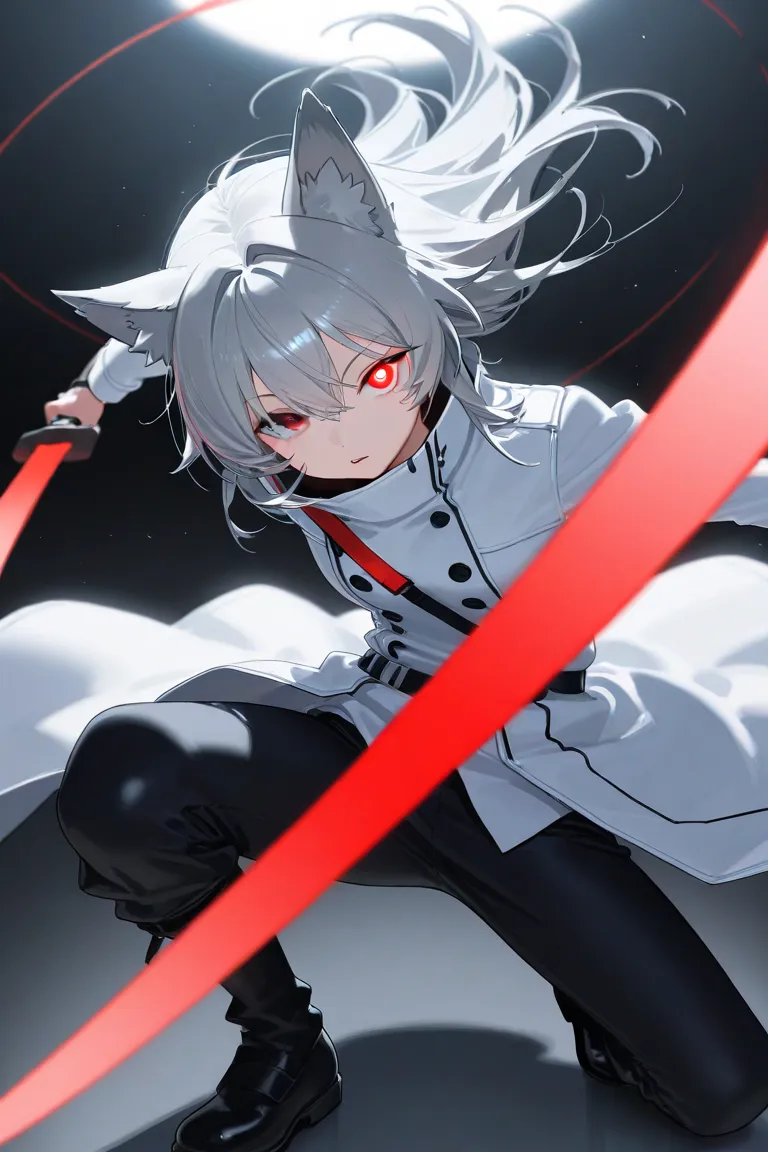 black setup with wild belly buttons。woman with a slender figure full of wilderness。hanging odd-eye with red eyes、cool face with wolf ears and gray hair {x} clothes wearing a simple white coat that goes below the knee。The right eye is blue and the left eye ...