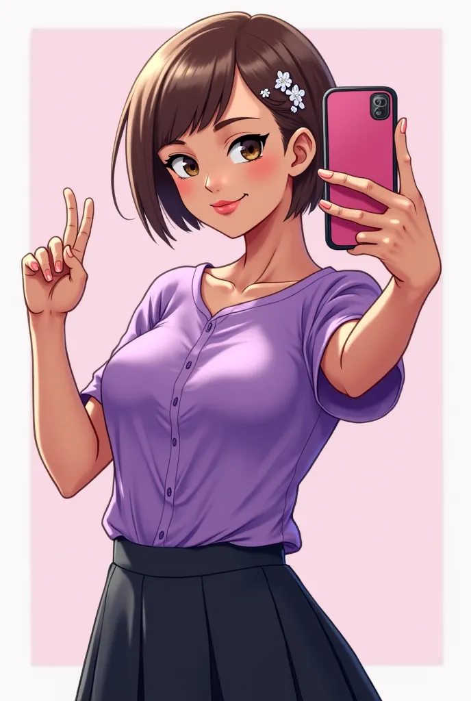  anime 2d ;  A woman; short brown hair;  brushed back ; white tiara; purple shirt;  black skirt; brown skin;  holding a smartphone; Posing to take selfies.