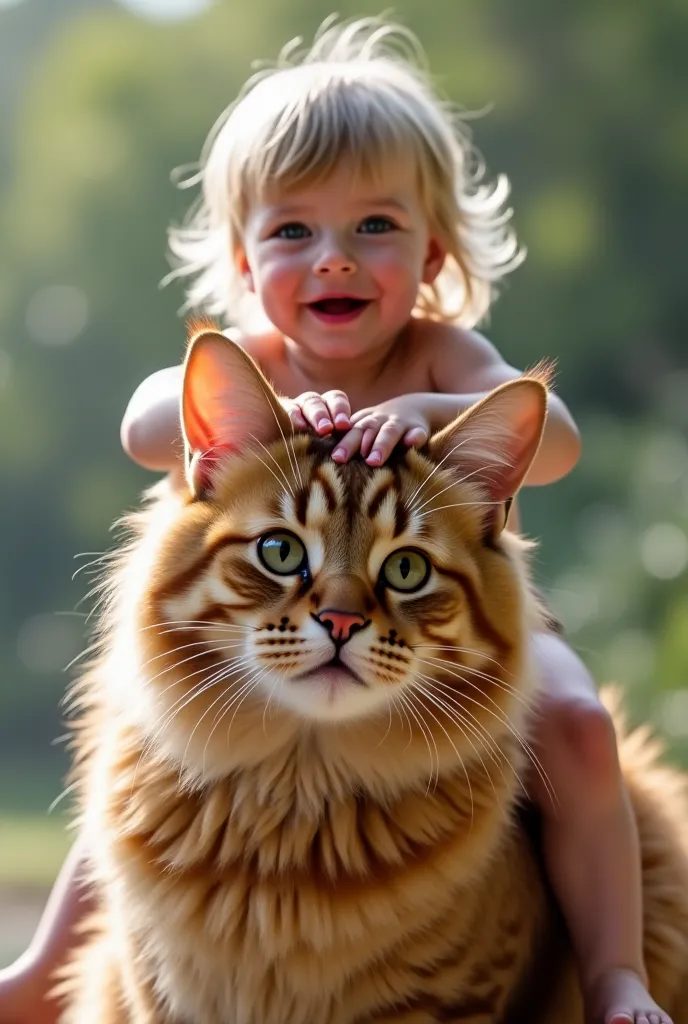 A video of a small  sitting enthusiastically on top of a giant cat with soft and dense fur. . The cat looks calm and relaxed, while the  is gently holding her fur. His face is full of surprise and joy.. The cat's eyes shine softly, as if it is accustomed t...