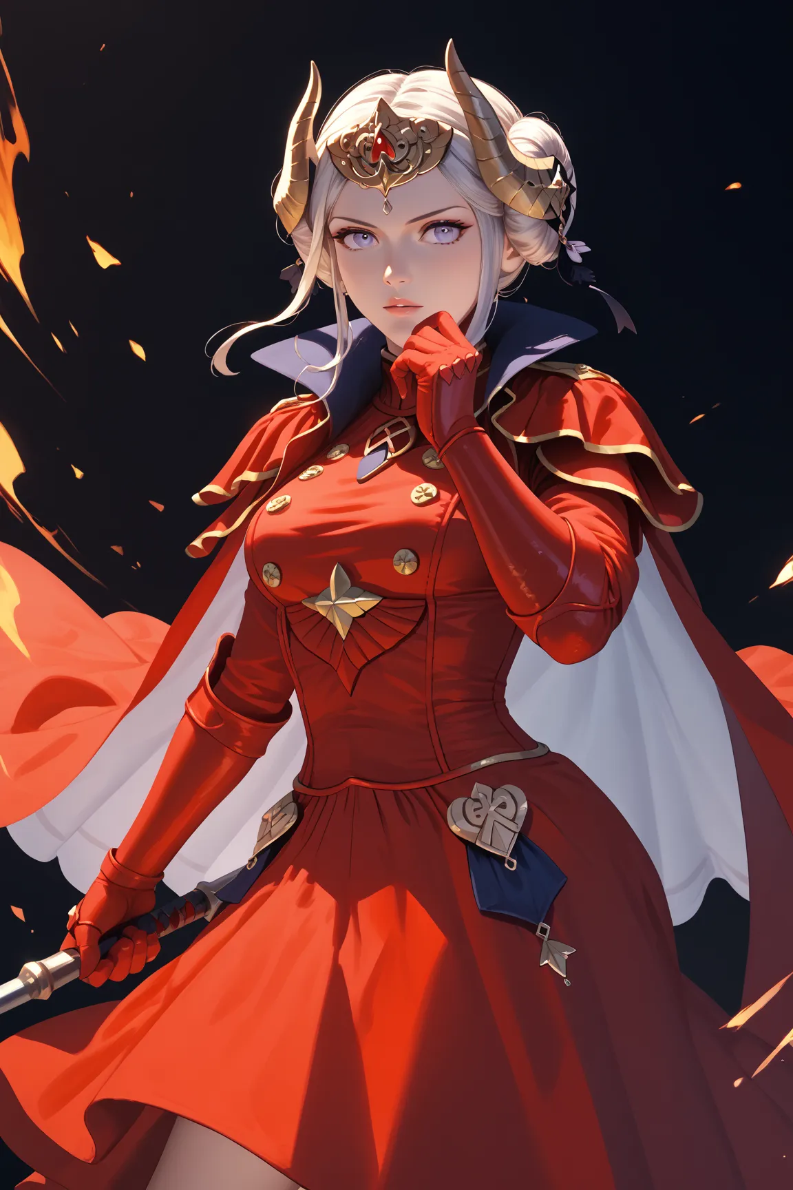 masterpiece, beautiful, ultra-detailed, detailed face, 4k, hd, perfect lighting, best quality, score_9, score_8_up, score_7_up, score_6_up, 2d art, perfect hands, perfect eyes
((cowboy shot))
warEdel, double bun, fake horns, short hair, tiara, red dress, r...