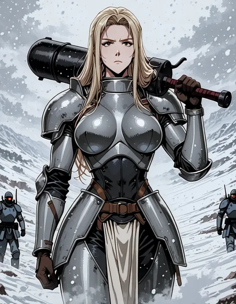 score_9, score_8_up, score_7_up, score_6_up, score_5_up, score_4_up, Stunning Italian, warrior, strong fighter, platinum heavy armor, both breasts hanging out, large breasts, armored pants, heavy beat, bulky strong, vascular, at the snowy hills, (holding p...