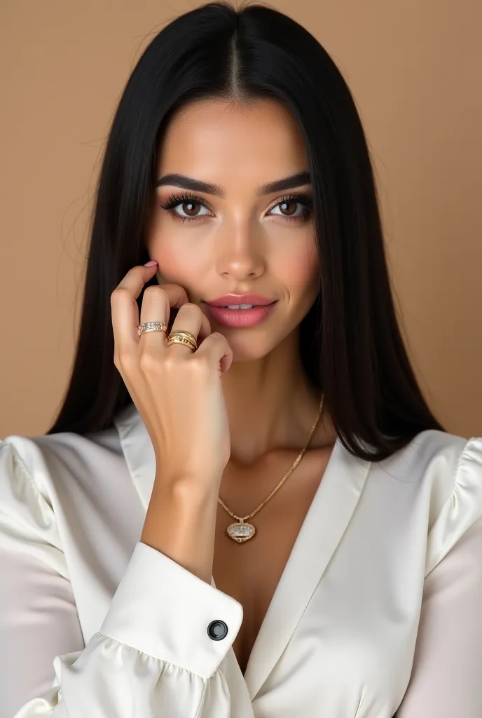 White-skinned woman with long straight black hair, professional makeup with lip gloss,  Brazilian,  heart ring with gold accessories,  white dress blouse ,posing in a photo studio with a beige background for an accessories company. Realistic and profession...