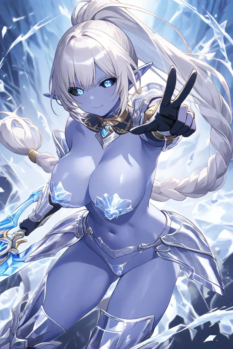 Elf female, dark grey blue skin, fitness body, great breasts,translucent ice breast covers visible nipples below, translucent ice panty, translucent armored greaves, translucent armored gauntlets,grey hair, braided long ponytail, black sclera,bright blue e...