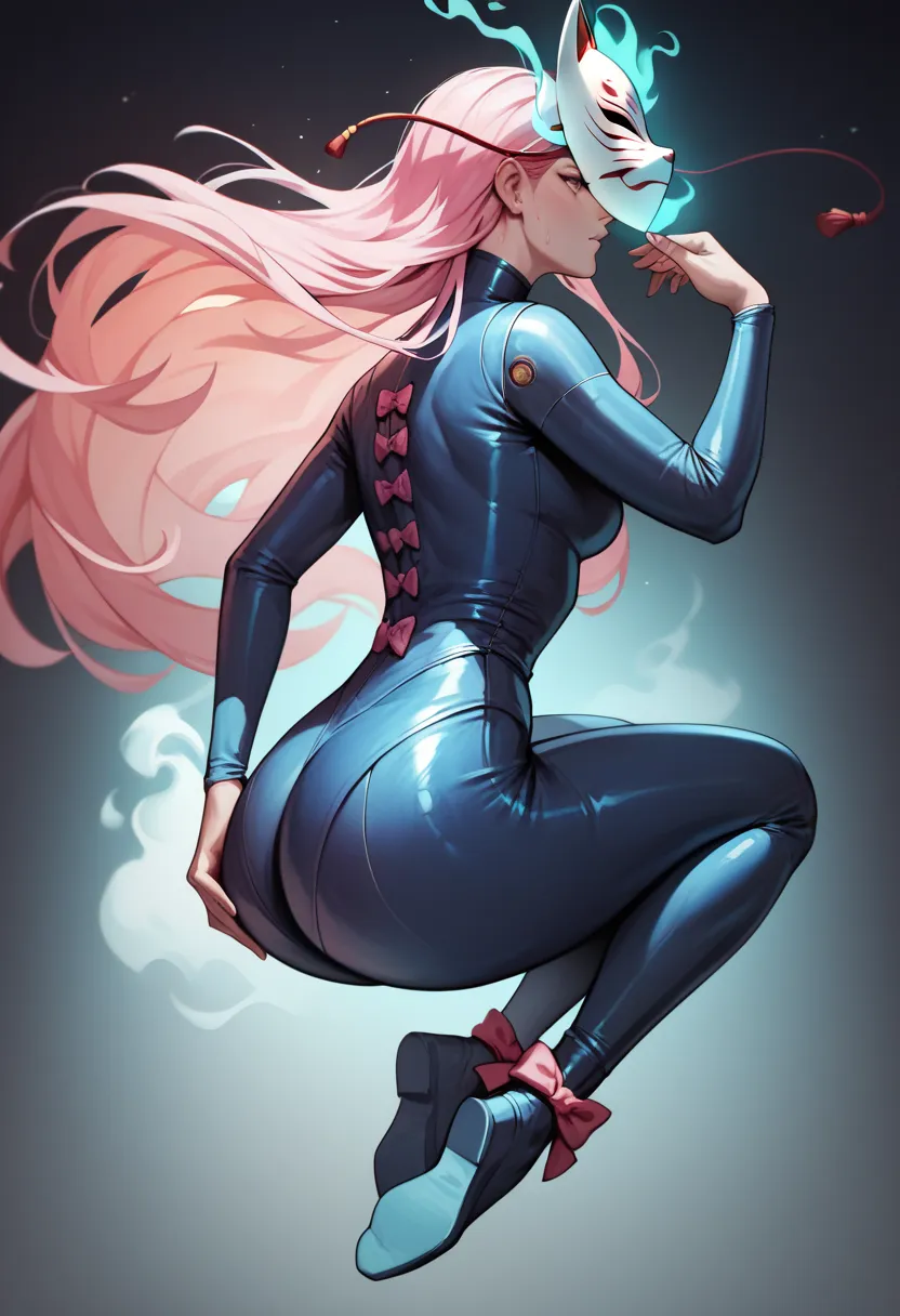 (masterpiece, profile, ultra-high resolution), 1 girl, Hata no kokoro, fox mask, pink hair, long hair, ojos rosados,  head mask, ( dark blue latex suit ), Clothes fit perfectly, pink bow, latex has a strong metallic sheen, glow,  round,  viscous full body ...