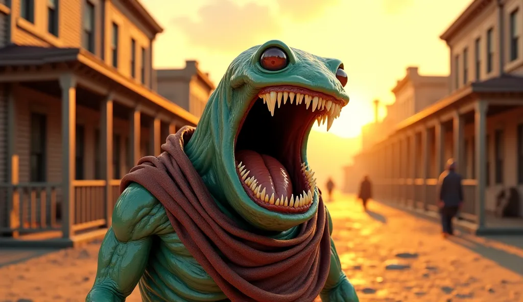 slime with open mouth on a wanted poster from the Wild West, slime creature of viscous and shiny, scary and threatening expression, realistic details, setting of an old western city with wooden buildings and dusty street, Warm light of the setting sun, oil...