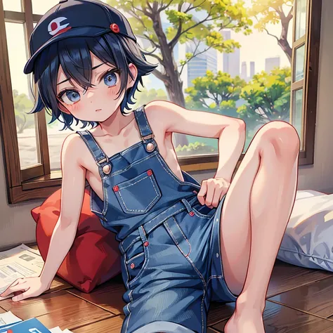 young boy Ash Ketchum can you believe I'm wearing Osh Kosh B' Gosh overalls? logo on front pocket cap shirtless undressing strap slip feet inside treehouse room