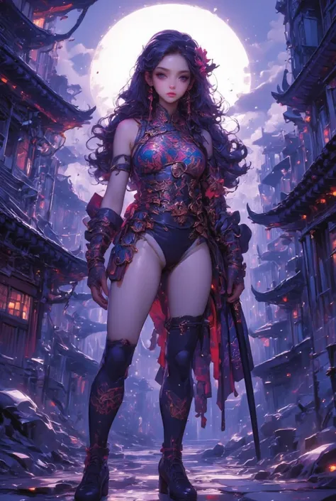 cowboy shot , Solo, female, beautiful female ninja , Intricate details, Battoujutsu, beautiful woman, sexy athlete figure, (detailed sexy sharp face, detailed eyes and lips, purple color makeup, purple eyeliner, bewitching makeup), Long beautiful black hai...