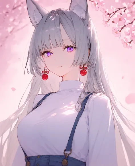 girls、 long gray hair on human hands、Eye color left eye purple 、Right eye water color、There are cherry blossom earrings、white dress、 broadcaster、Nine-tailed fox、heart