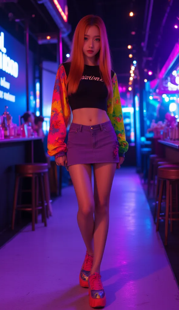 A young woman with super straight and long ginger hair parted in the middle,green eyes,a body with a big butt and breasts,wearing a black cropped top with colorful sleeves like an abadá,with the word "fashion" written on the top in neon-visible letters,and...