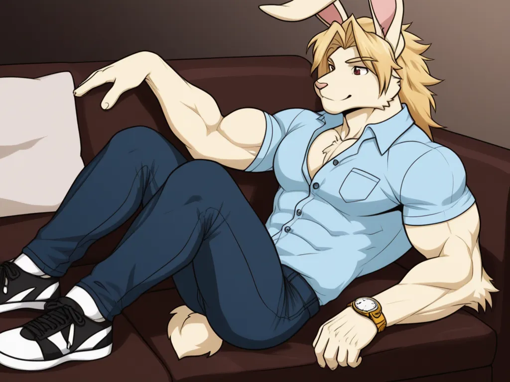 (solo) Male anthro bunny, cream colored fur, long fluffy Blonde hair, bunny, muscles, attractive, brown eyes, light blue shirt with buttons, black jeans, black sneakers with white stripes, golden wristwatch on left arm, sitting on couch