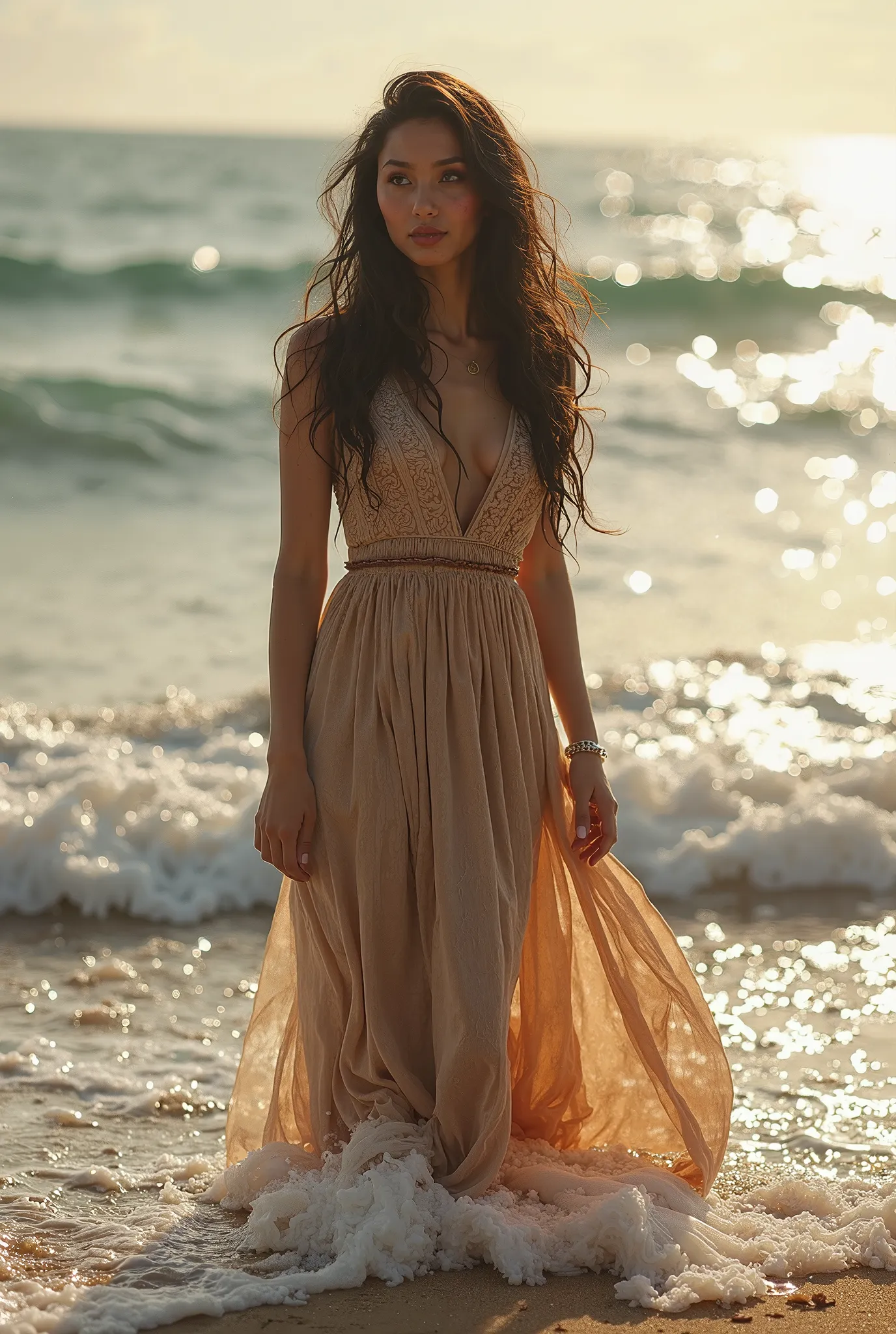  Beautiful girl with wavy long hair in a bohemian dress, goes out of the sea to the beach