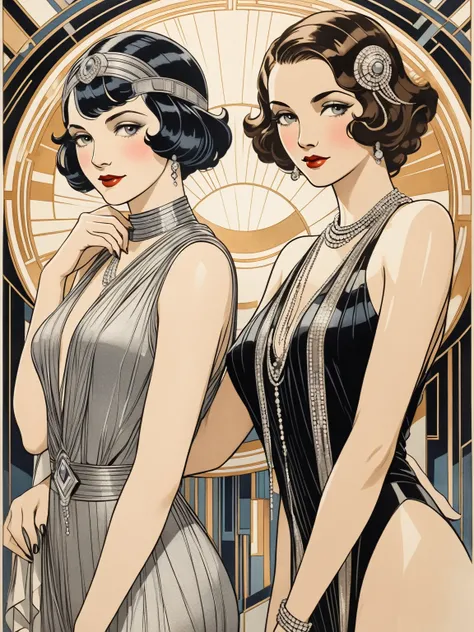 AN ART DECO STYLE DRAWING OF TWO WOMEN