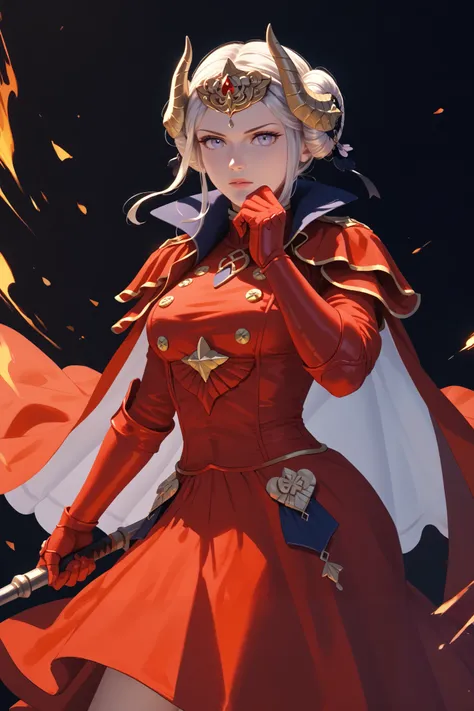 masterpiece, beautiful, ultra-detailed, detailed face, 4k, hd, perfect lighting, best quality, score_9, score_8_up, score_7_up, score_6_up, 2d art, perfect hands, perfect eyes
((cowboy shot))
warEdel, double bun, fake horns, short hair, tiara, red dress, r...