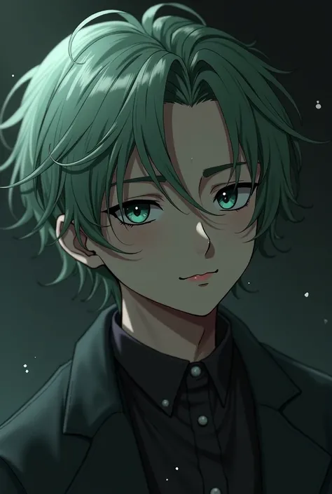 make me a depressed anime masculine man with a light green hair with a realistic 60/40 hairstyle and make the background dark aesthetic