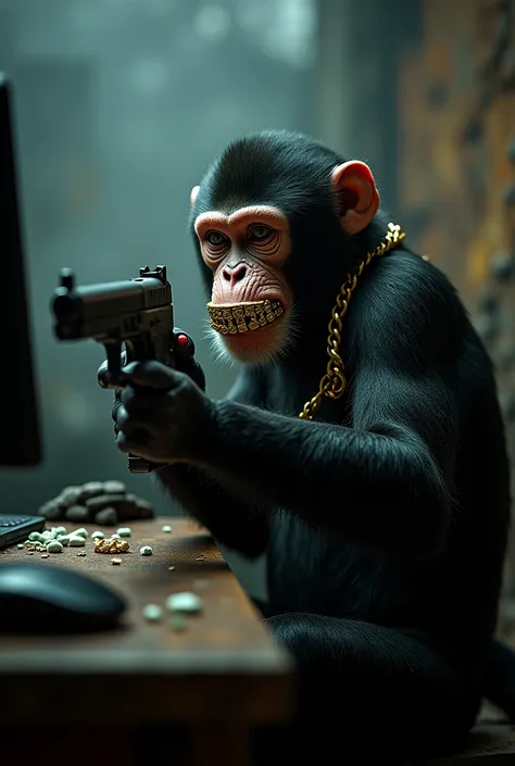 realistic high quality photo monkey in grills in Ukraine and gun in hands in cocaine plays computer