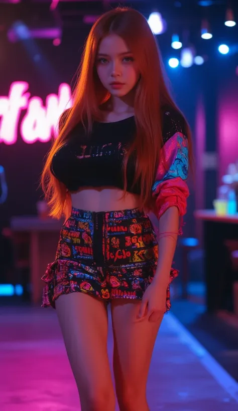 A young woman with super straight and long ginger hair parted in the middle,green eyes,a body with a big butt and breasts,wearing a black cropped top with colorful sleeves like an abadá,with the word "fashion" written on the top in neon-visible letters,and...