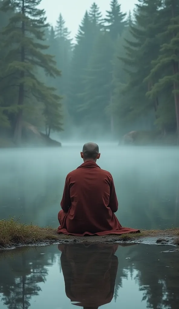 A monk sitting on the edge of a lake, observing his own reflection in the water. His gaze is distant,  his slightly furrowed forehead , conveying frustration . The surrounding water is slightly cloudy, as if it symbolizes his troubled mind.  Tall trees sur...