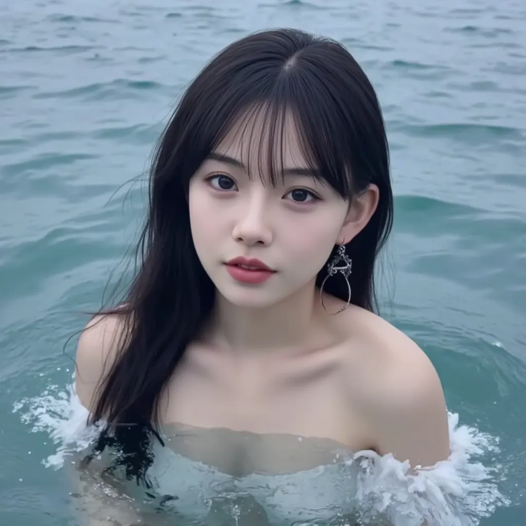 A kpop girl, long black hair, brown eyes, japanese, cute, adorable, K-pop music video concept photo, K-pop concept photos, photo shoot, in water, angelic, majestic, ocean, sea, siren like