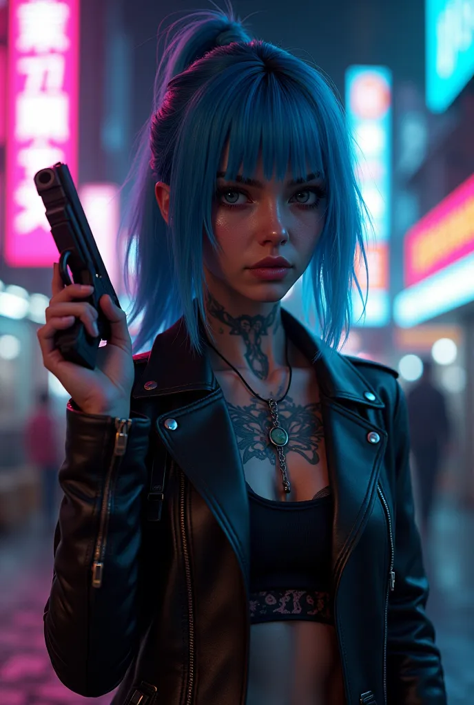 a detailed, striking jinx portrait of a young woman with blue hair and tattoos, wearing a leather jacket and holding a pistol, set in a neon-lit cyberpunk city at night, 4k, unreal engine, cinematic lighting, dramatic, hyper-detailed, photorealistic