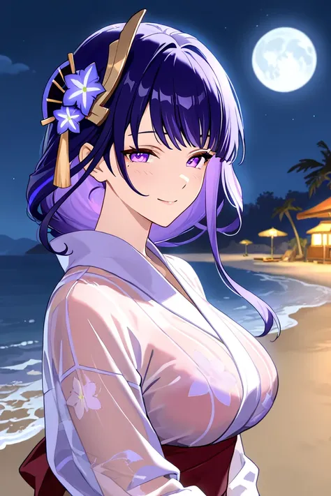 1 girl, Translucent fabric, beach, summer, smile on face, wife ,   smile on her face, 1 girl , purple eyes, yukata miko, red yukata , yukata, night,moon🌙, genshin impact, raiden Shogun , Adult woman, wife, Different hairstyles, Beautiful hairstyles, sexy g...