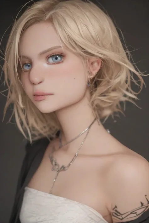 A portrait of a young woman. Bleach blonde bob hair with dirty blonde roots. She has a middle part with no bangs. She is average height, pale, grey blue eyes with a big nose. She has bags under her eyes.  She wears all black oversized clothes. She has tatt...