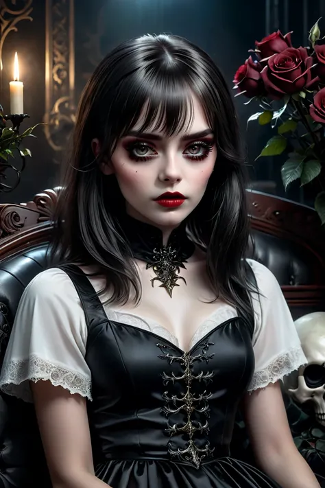 a beautiful girl in a dark gothic fantasy setting, hair,  intricate, dramatic lighting, rich colors, Cinematic, dark moody atmosphere, (the best quality,4k,8K,highres,masterpiece:1.2),ultra-detailed,(realistic,photorealistic,photo-realistic:1.37),detailed ...