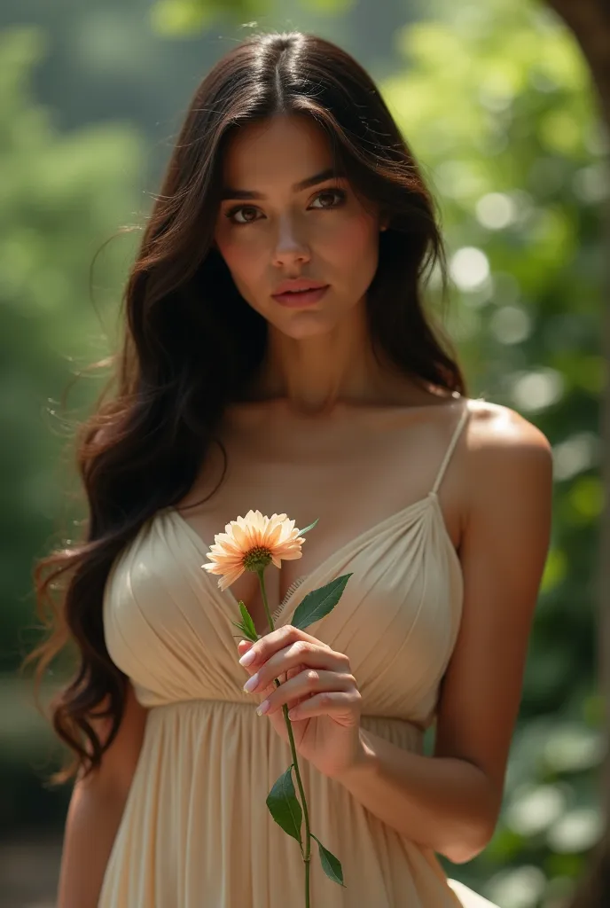 photorealism: (a beautiful 23yr old Colombian woman:1.4), 42dd firm natural breast, long dark hair, athletic figure, in dress while holding a flower and she's really attractive and beautiful.