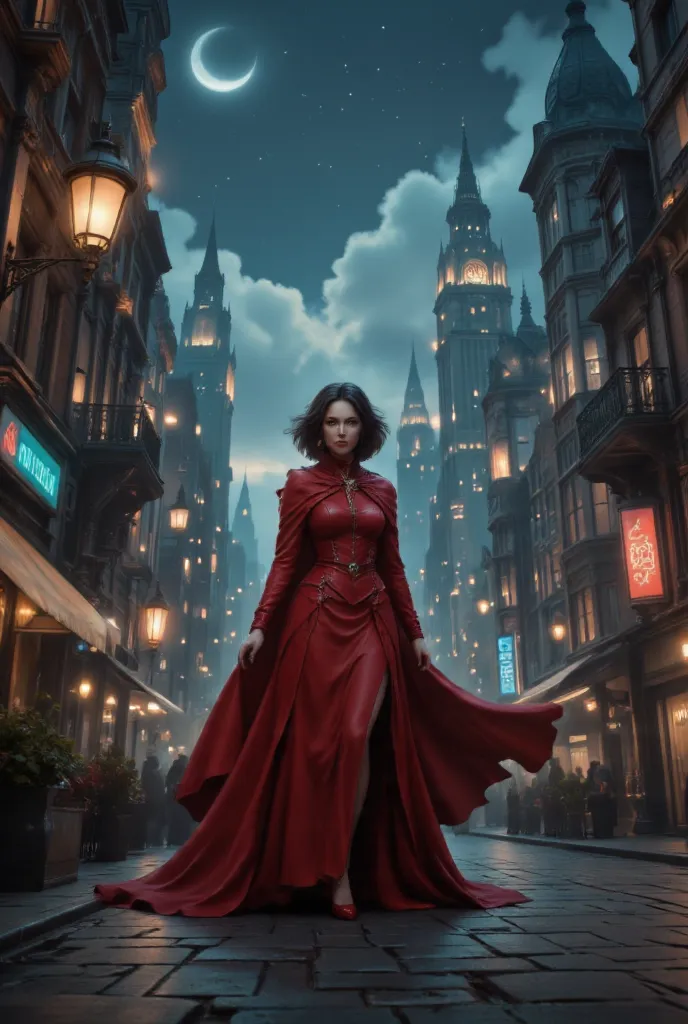 comic art, fantasy art, RPG art, ultra wide shot, a picture of a mysterious woman standing under the steampunk streetlamp, in the big city, a beautiful mature woman, elegant woman, dynamic hair color, dynamic hair style, wearing intricate deep red leather ...