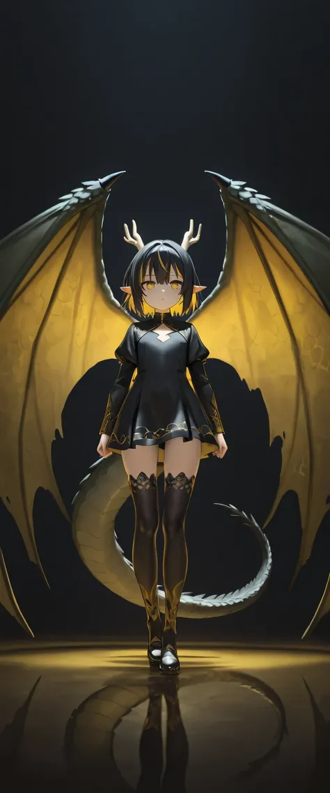 "A small, young dragon girl stands against a dark background. Her body is covered in shimmering dragon scales instead of clothing. She has a long dragon tail, sharp elf-like ears, and large wings folded behind her. Her black hair is short and slightly mess...