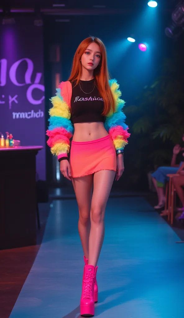 A young woman with super straight and long ginger hair parted in the middle,green eyes,a body with a big butt and breasts,wearing a black cropped top with colorful sleeves like an abadá,with the word "fashion" written on the top in neon-visible letters,and...