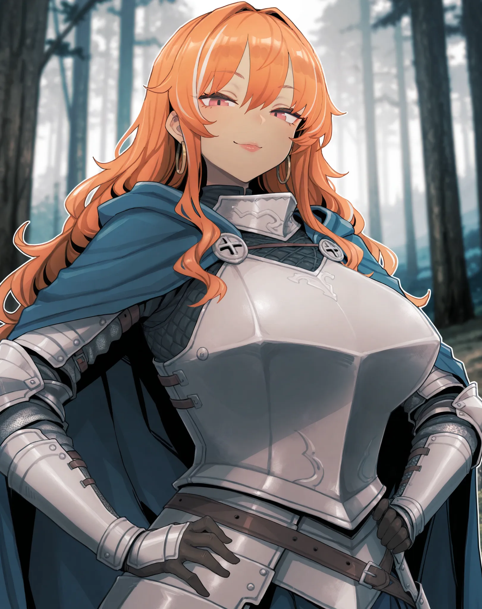 masterpiece, best quality, sleepy frippy style, bee_(deadflow) style, solo, 1girls, orange hair, long hair, wavy hair, black streak, streaked hair, smirk, lips, dark skin, hoop earrings, large breasts, hand on hip, looking at viewer, plate armor, blue cloa...