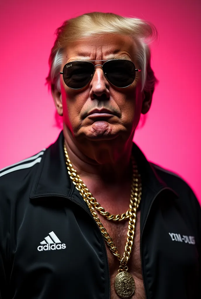 closeup man, portrait of Donald Trump with wearing a black Adidas style tracksuit and gold chains and Rayban style sunglasses, criminal style, serious look, moody, highly detailed, high contrast, pink background, hairy chest