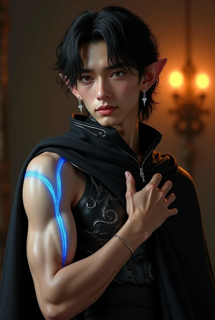 Full figure, realistic, warm light. A twenty five years old man with black, wavy, shoulder-length hair and elf ears. He wears a black cape over a black tunic with gray decorations; his left arm is sleeveless and is crossed by clear bright blue line that st...