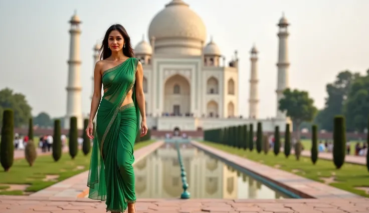 walking in front of the Taj Mahal, (skinny cutie:1.4), tiny flat tits, spreaded legs, happy smile, 28 years old Indian, made-up heavily, heavy makeup, red lipstick, super hot, very sexy, horny, brunette, long hair, tan skin, very glamour, skinny, green or ...