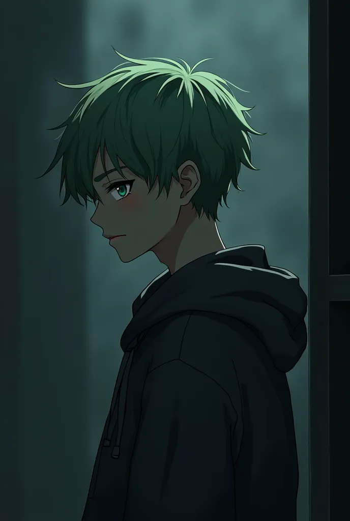 creat a depressed anime guy wearing a hoodie but not having the hoodie on his head . make his hair light green with a realistic 60/40 hairstyle and make the back ground dark aesthetic