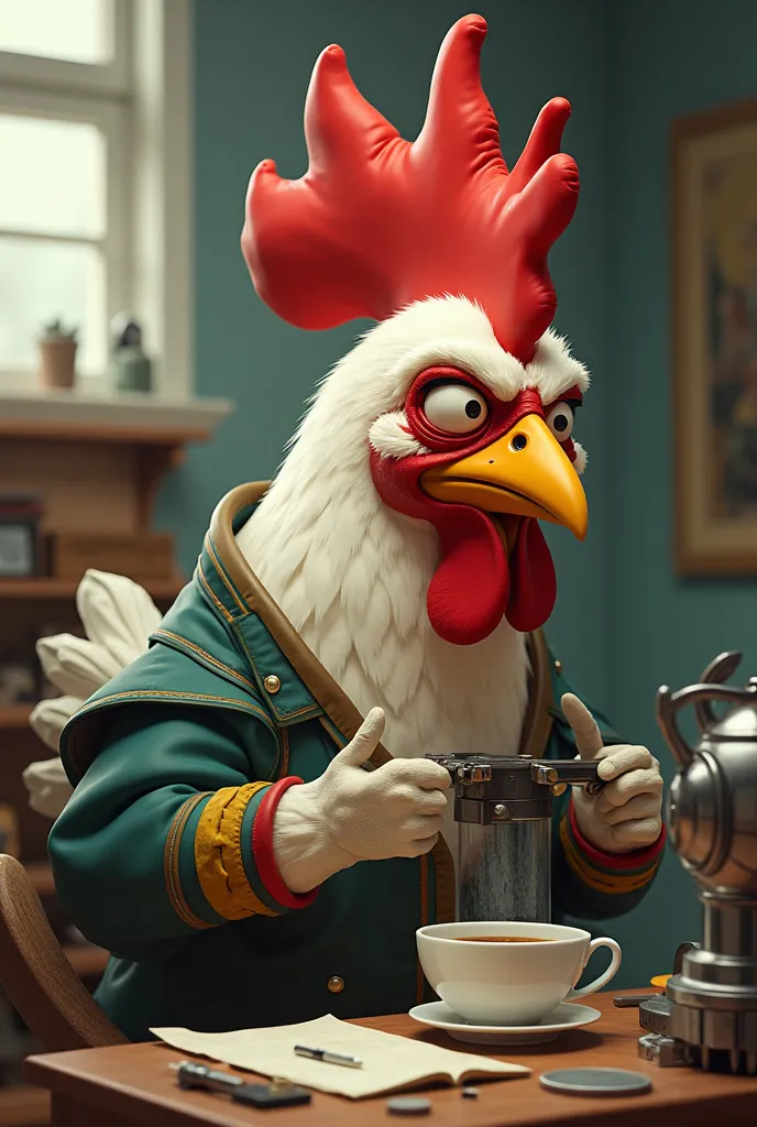 A chicken with a fool's face, sweaty, Drinking coffee working on a Haitian Chinese machine