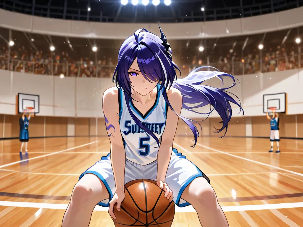 
acheron, playing basketball, pose genial, basketball uniform, good lighting, basketball court background, concentrated, He's dribbling with the ball