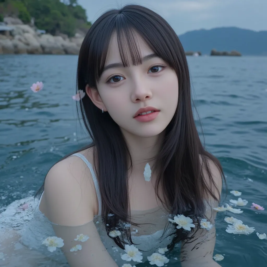 A kpop girl, long black hair, brown eyes, japanese, cute, adorable, K-pop music video concept photo, K-pop concept photos, photo shoot, in water, angelic, majestic, ocean, sea, siren like, gorgeous, stunning, fantasy like, pretty flower petals, gorgeous da...