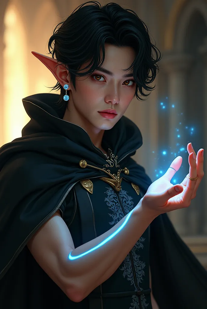 Full figure, realistic, warm light. A twenty five years old European man with black, wavy, shoulder-length hair and elf ears. He wears a black cape over a black tunic with gray decorations; his left arm is sleeveless and is crossed by clear bright blue lin...