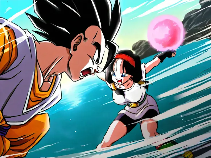 Dragonball, videl super sayayin, over the ocean, sunshine, fighting against son-gohan super sayayin