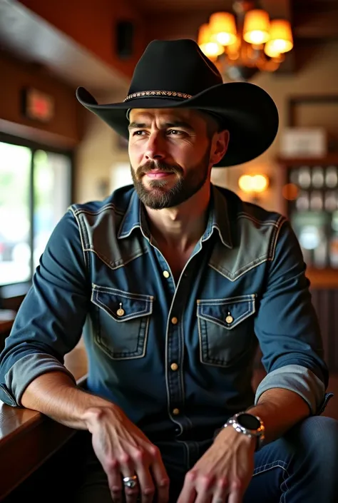 A handsome cowboy man sitting in a bar