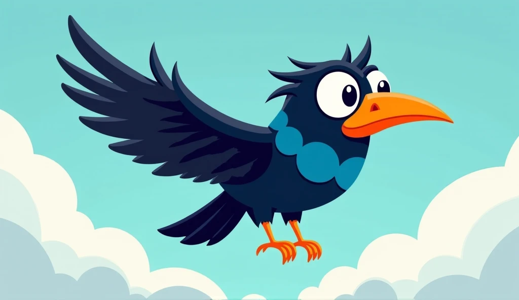 A majestic looking crow with google eyes, orange beak and blue band in its neck  flying in the air. Generate simple cartoon images.