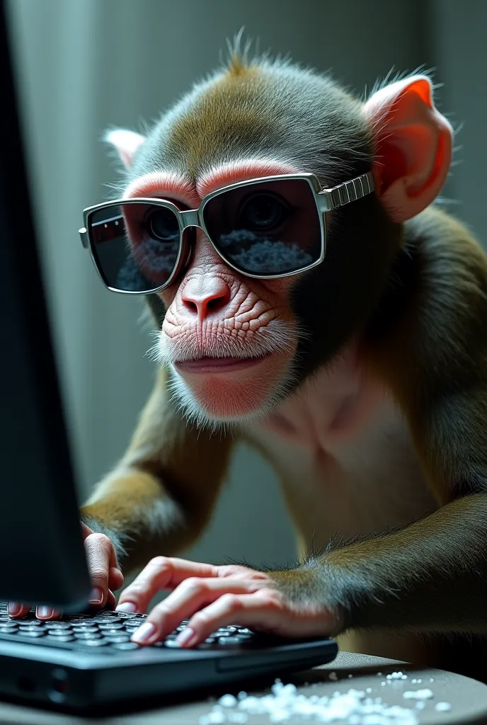 realistic photo monkey in grills in Ukraine and in hands in cocaine plays computer